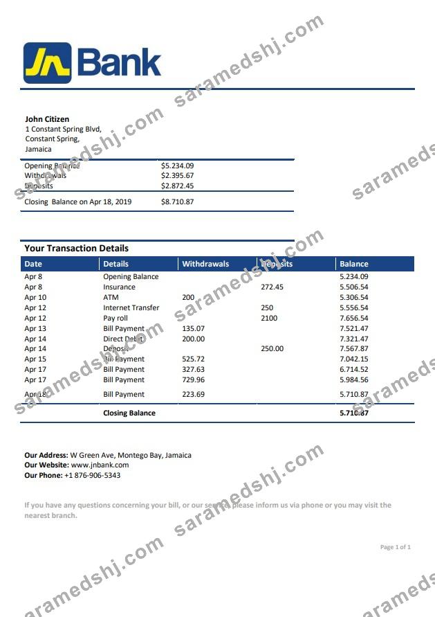 Jamaica National Bank statement